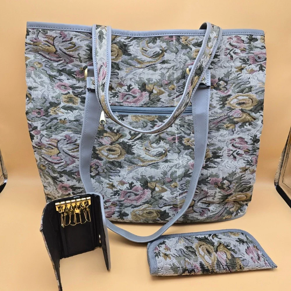 Vintage Floral Tapestry Tote Bag Set 3pc Shoulder Bag Key Holder Eyeglass Case